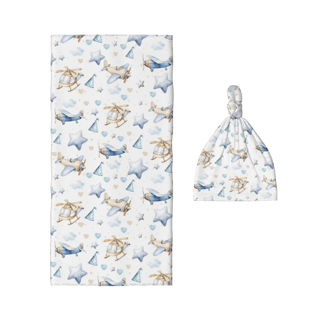 Airplane Baby Swaddle Blanket & Beanie Hat Set