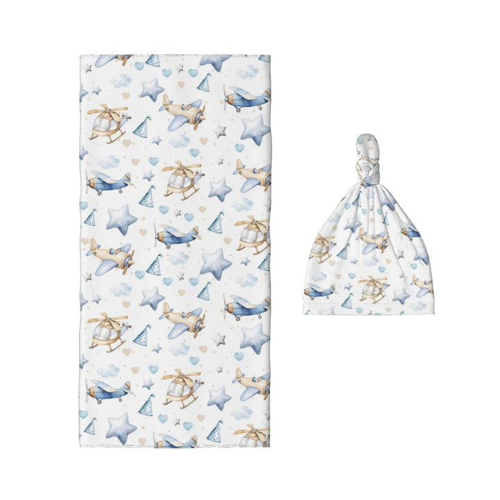 Airplane Baby Swaddle Blanket & Beanie Hat Set