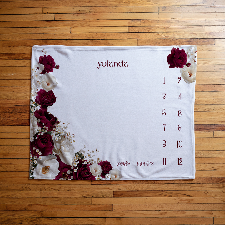 Burgundy and White Floral Milestone Blanket