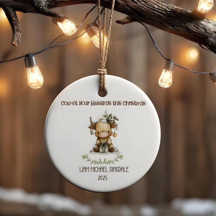 Highland Cow Christmas Personalized Ceramic Ornament