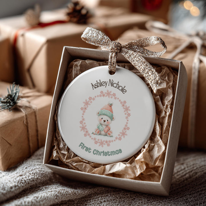 First Christmas Coral Teddy Bear Personalized Ornament