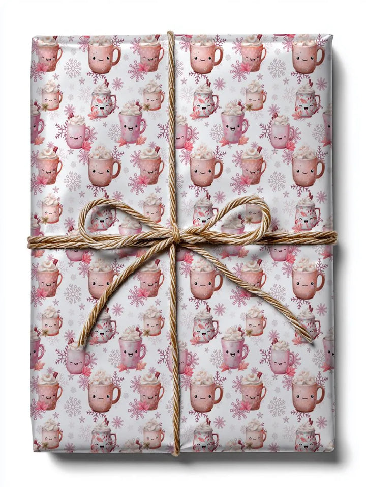 Pink Cocoa and Snowflakes Wrapping Paper