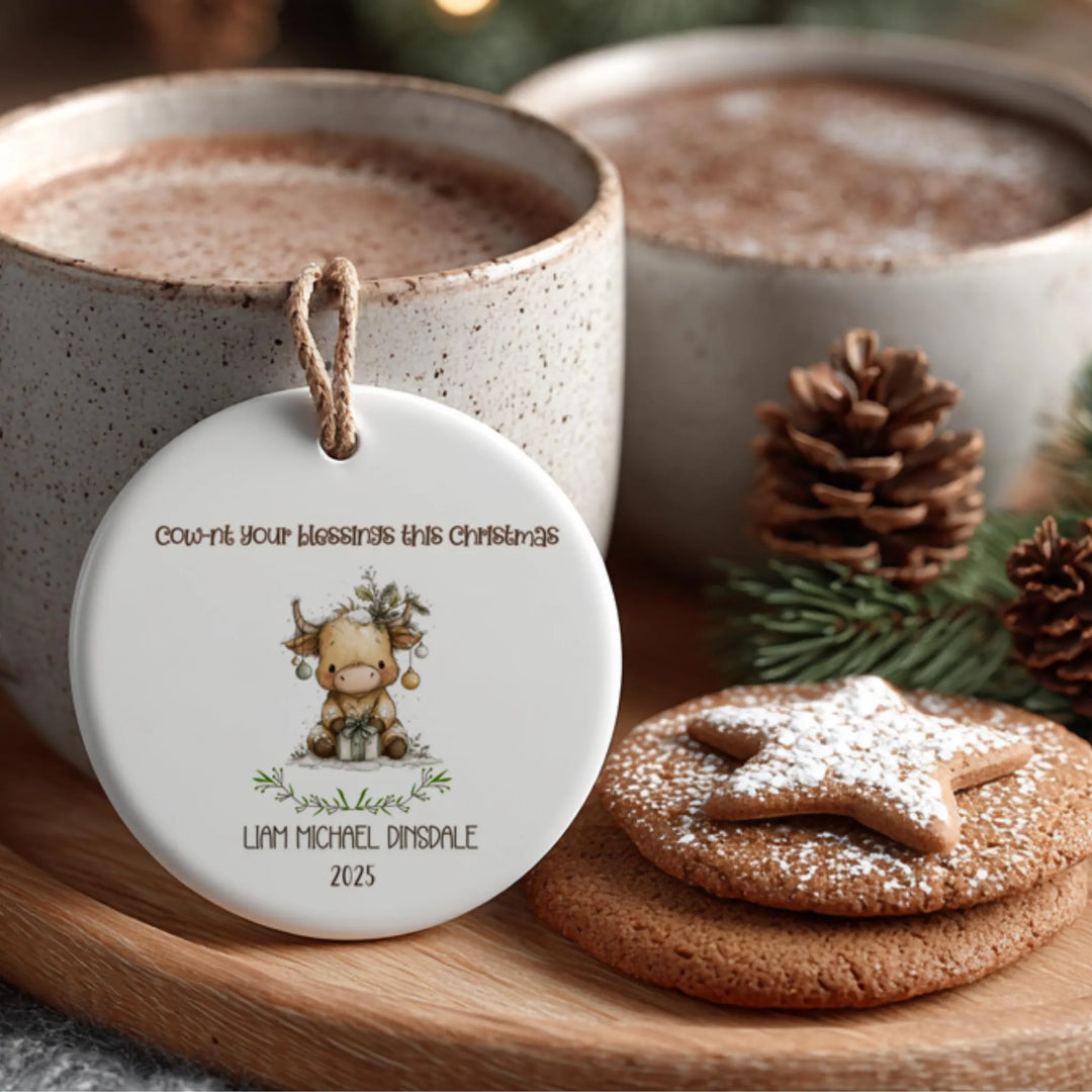 Highland Cow Christmas Personalized Ceramic Ornament