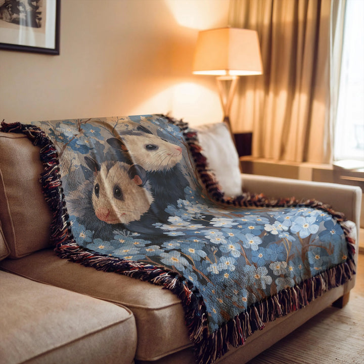 Possum and Blue Flowers Woven Blanket