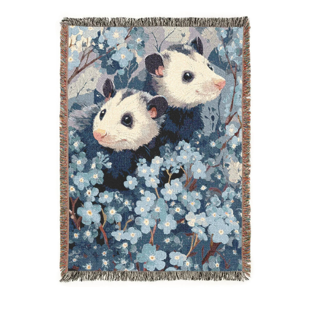 Possum and Blue Flowers Woven Blanket