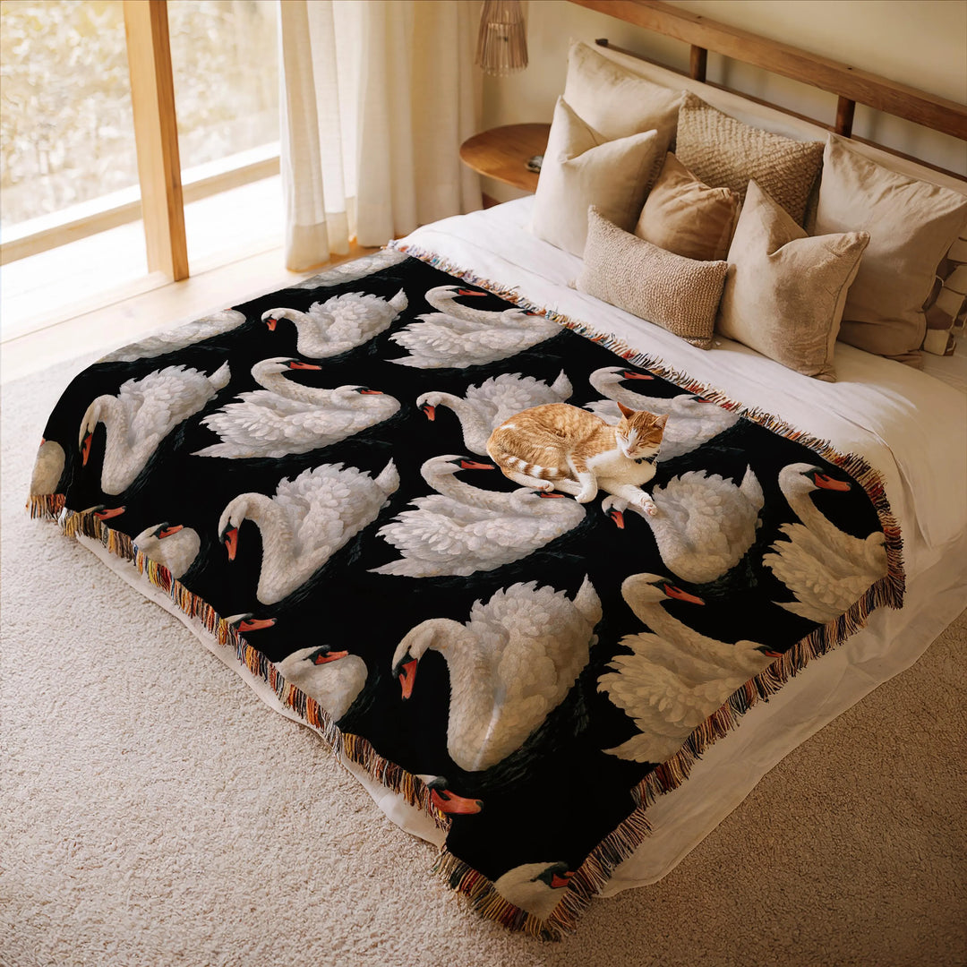 Elegant White Swans Woven Blanket