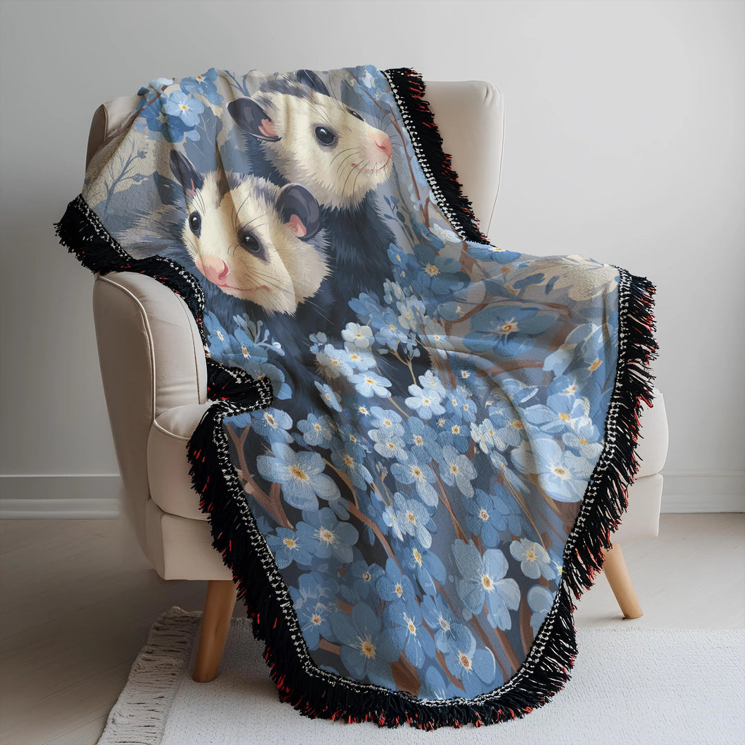 Possum and Blue Flowers Woven Blanket