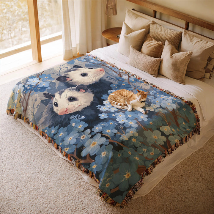 Possum and Blue Flowers Woven Blanket