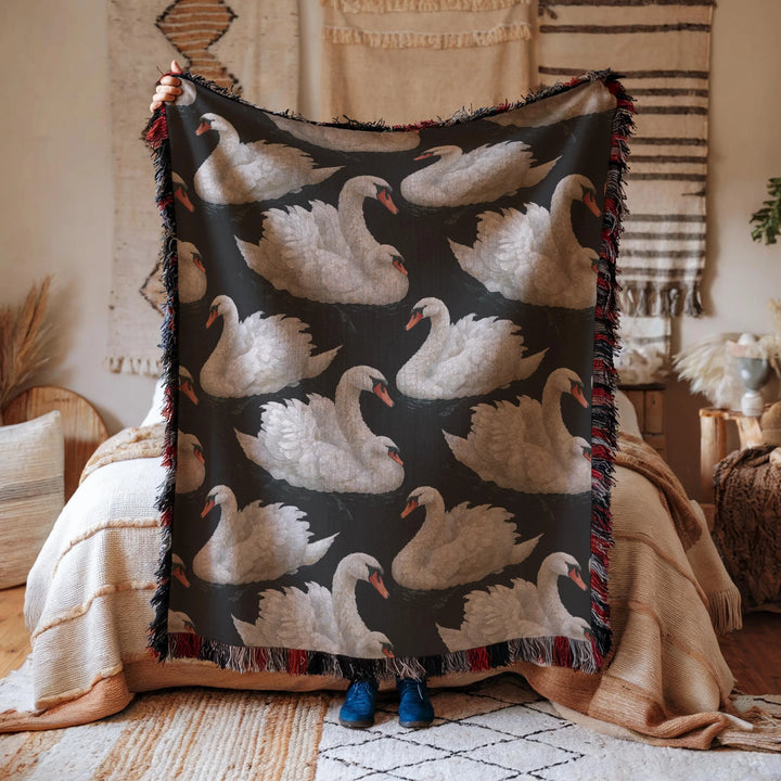 Elegant White Swans Woven Blanket