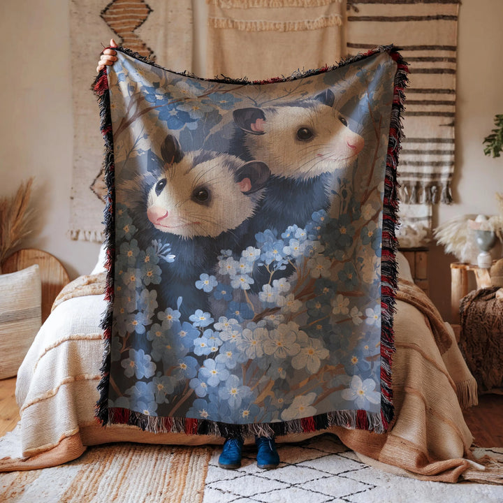 Possum and Blue Flowers Woven Blanket