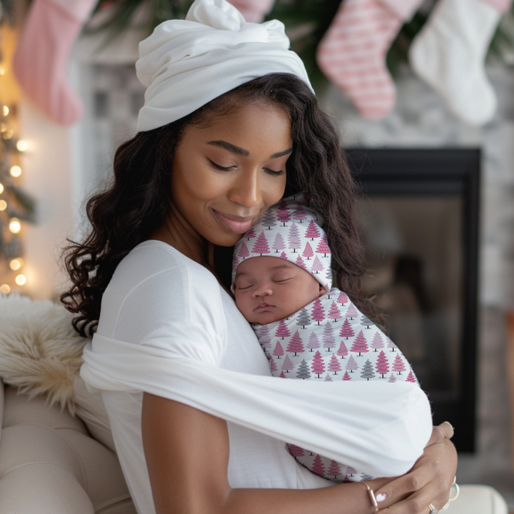 Pink Christmas Tree Cocoon Baby Swaddle Set