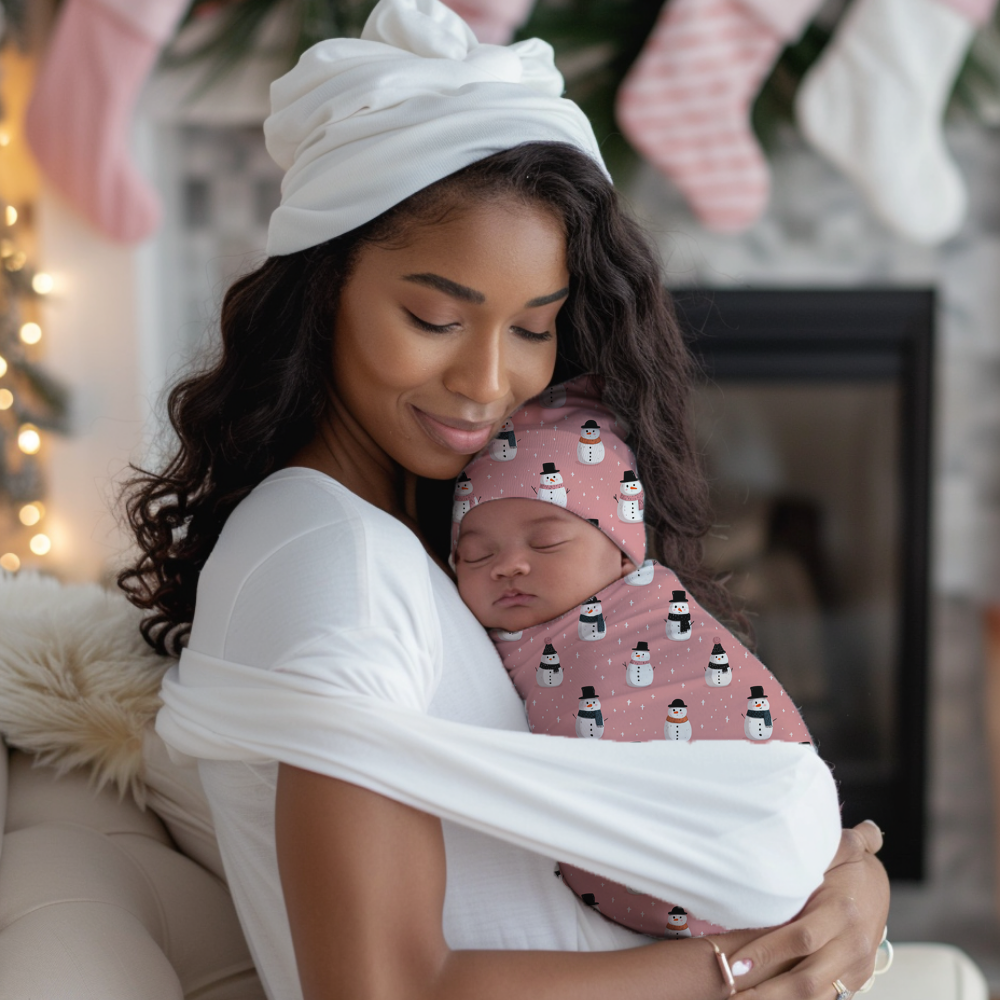 Pink Snowman Cocoon Baby Swaddle Set