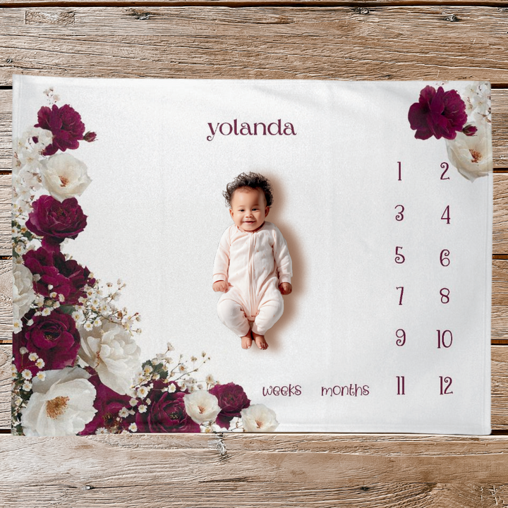 Burgundy and White Floral Milestone Blanket