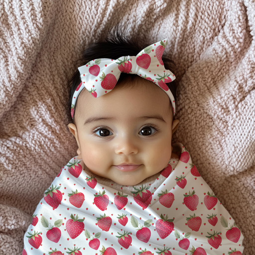 Strawberry Baby Headbands & Swaddle Blanket Set