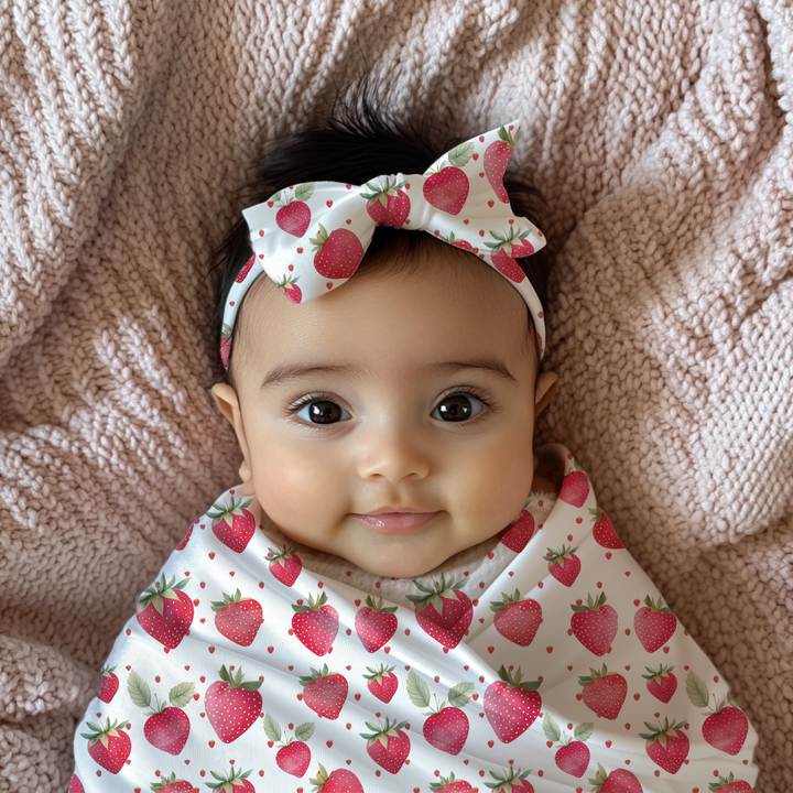 Strawberry Baby Headbands & Swaddle Blanket Set